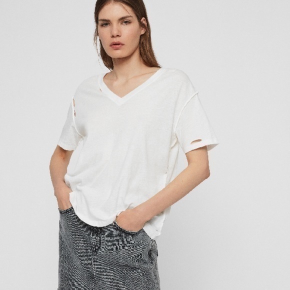 NWT ALLSAINTS Dime Distressed Destroyed Essential Boho White Vneck Tshirt - Picture 1 of 15